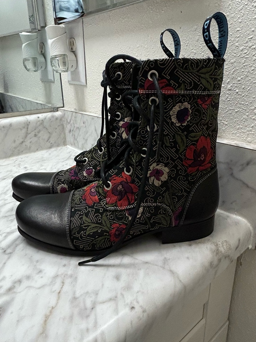 New John Fluevog Black Lace-Up Boots with Red and Purple Floral Embroidery